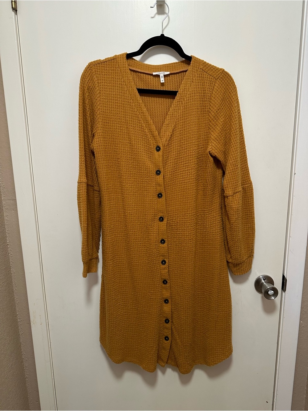 Maurices Mustard Waffle-Knit Button-Down Long Sleeve Dress
